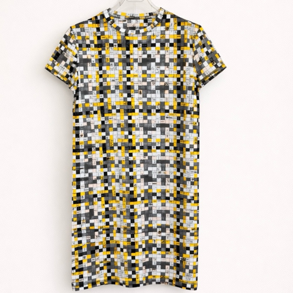 Hermès Paris Yellow Gray Mosaic Print Dress Size 36